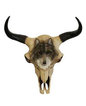 Dekofigur Büffelschädel Bisonschädel Schädel Tierschädel Büffelkopf mit Wolfdekor