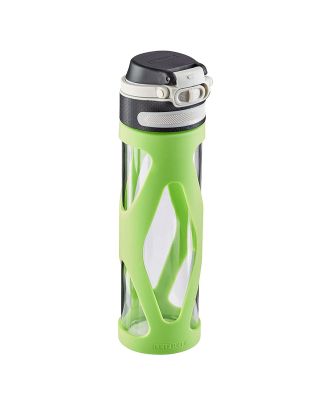 Leifheit Trinkflasche Flip 600ml Glas grün mit Filter für Fruchteinsatz Glasflasche mit Silikonummantelung