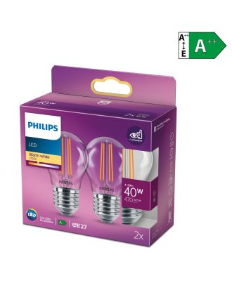 Philips LED 2er Pack Leuchtmittel E27 4.3W (40W) warmweiß [Energieklasse A++]