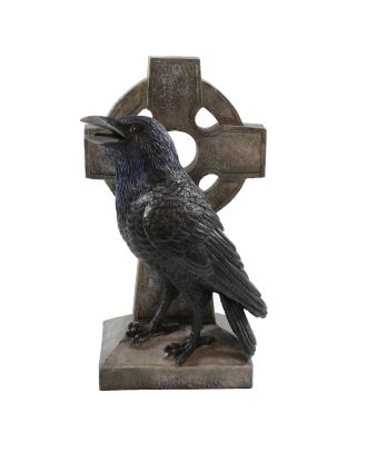 Handbemalte Dekofigur 'Schwarzer Rabe vor Keltischem Kreuz' aus Polyresin - Mystische Deko Eleganz