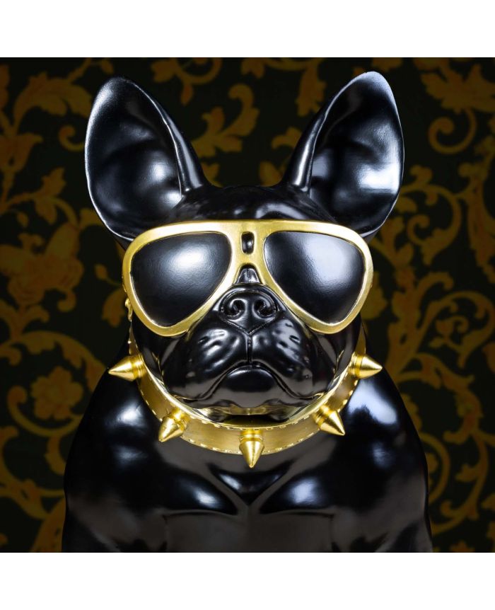 Französische Bulldogge Deko Hundefigur Siggi groß mit Brille und  Nietenhalsband Deko Bulldogge schwarz